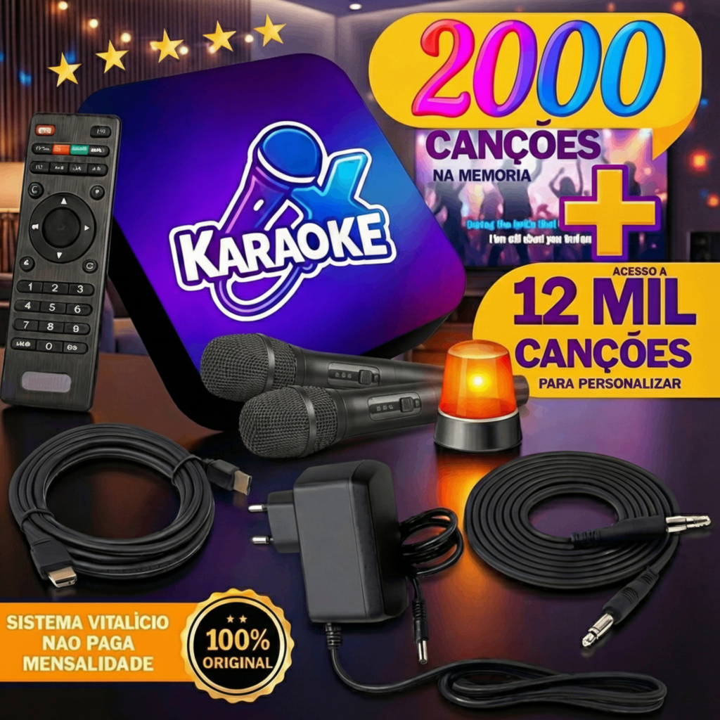 Karaoke com Sistema de Pontuação - Acompanha 2 Microfones, 2.000 Músicas Instaladas + Biblioteca com 12.000 Canções para Personalização